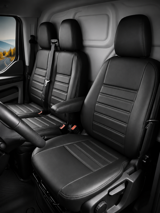 Sitzbezüge Ford Transit Custom 2013  - 2023 – Fezz Schwarz – Sitzbezüge aus Kunstleder – perfekte Passform (Sitz/Doppelsitzbank-mit geteilter Sitzfläche der Doppelsitzbank)