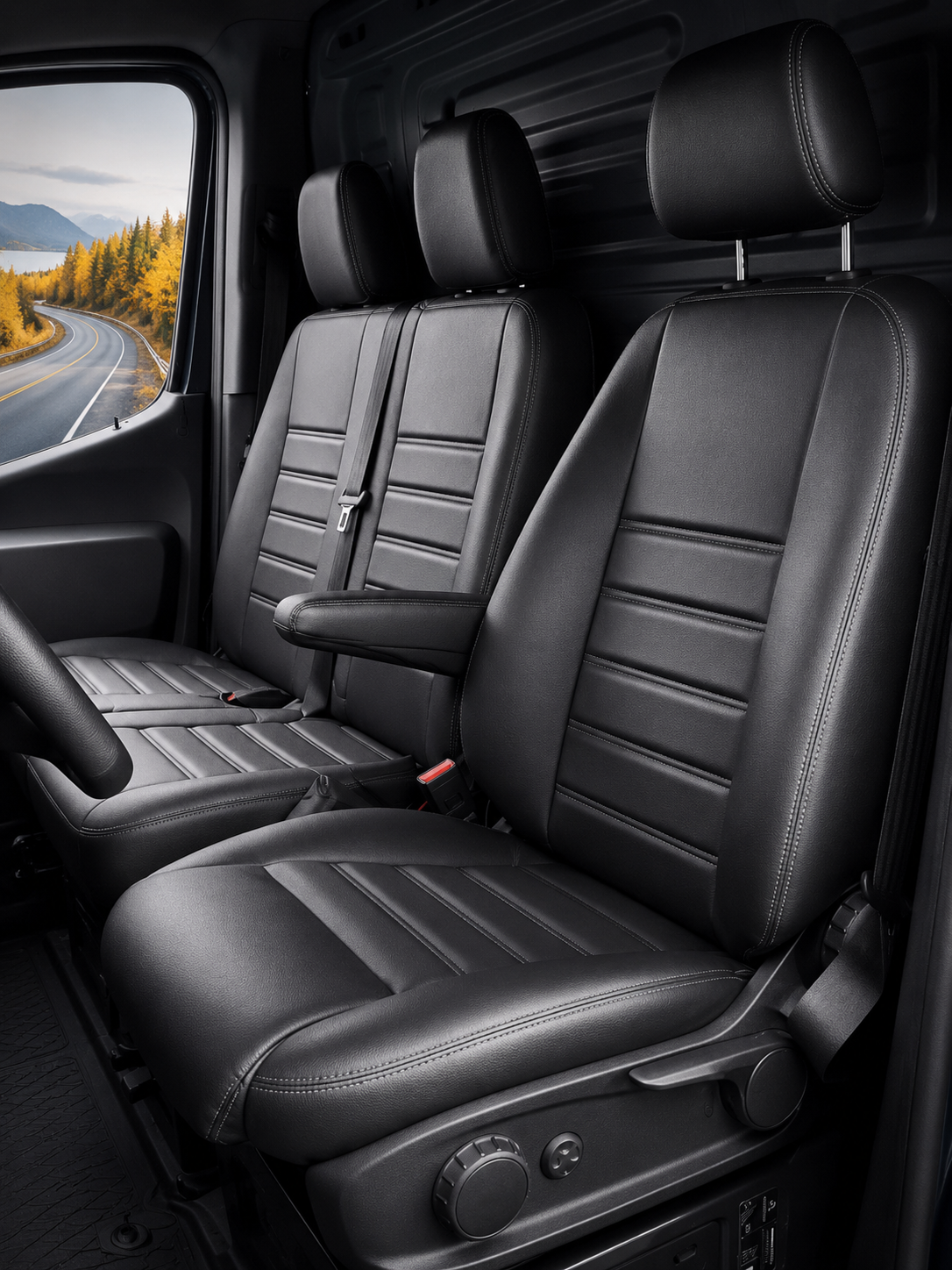 Sitzbezüge Mercedes Sprinter 2018 - heute – Fezz Schwarz – Sitzbezüge aus Kunstleder – perfekte Passform (Sitz/Doppelsitzbank-Comfort Sitz/Doppelsitzbank)