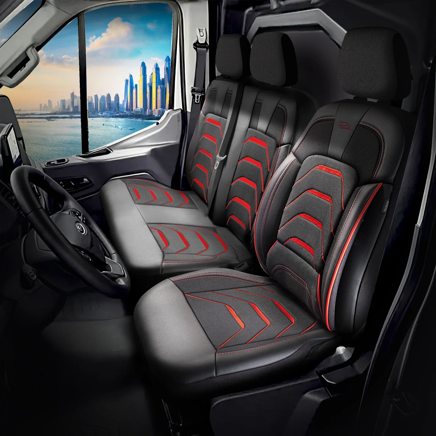 Bodrum stoelhoes, stoelhoezen voor Opel Movano Electric 2021 - heute, Schwarz Rot, Jacquardstoff Lederoptik, Sitz/Bank