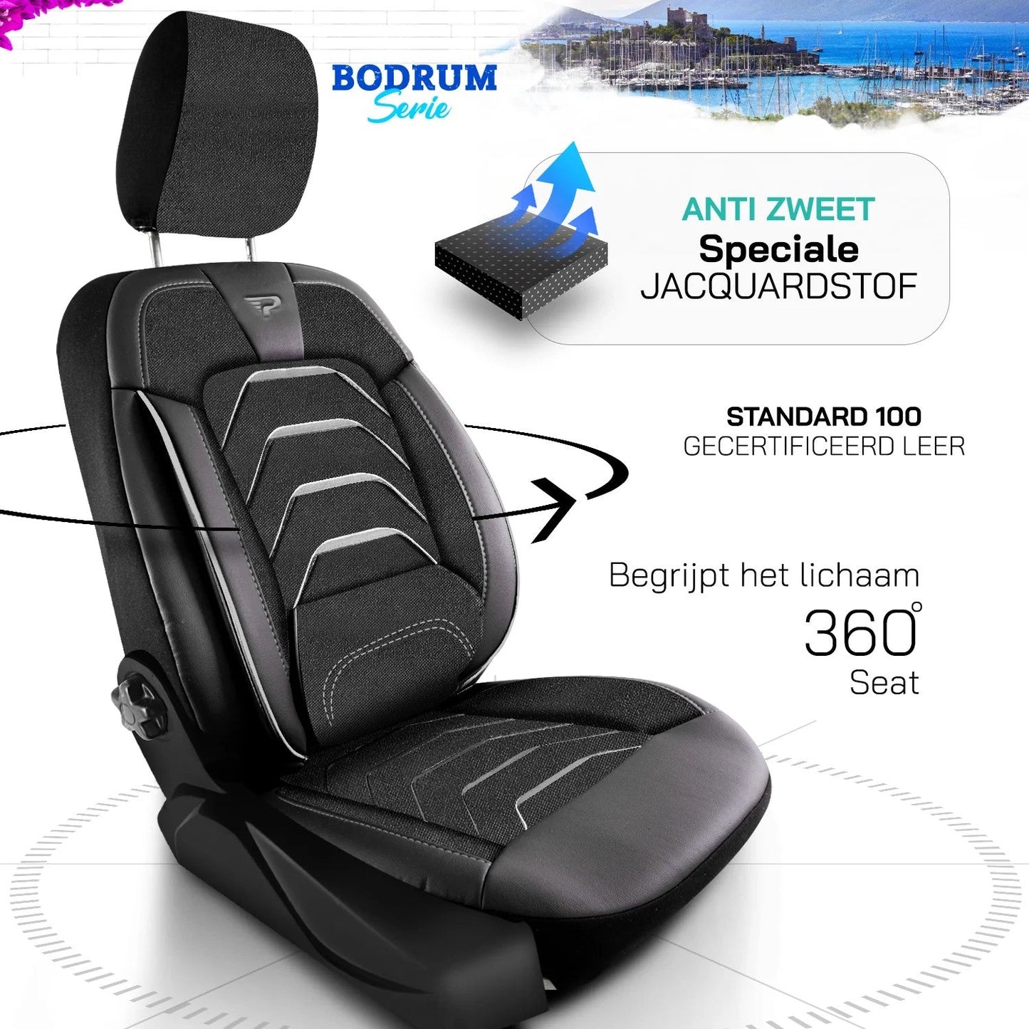 Bodrum stoelhoes, stoelhoezen voor Nissan NV300 2014 - 2021, Schwarz Grau, Jacquardstoff Lederoptik, Sitz/Bank - mit geteilte