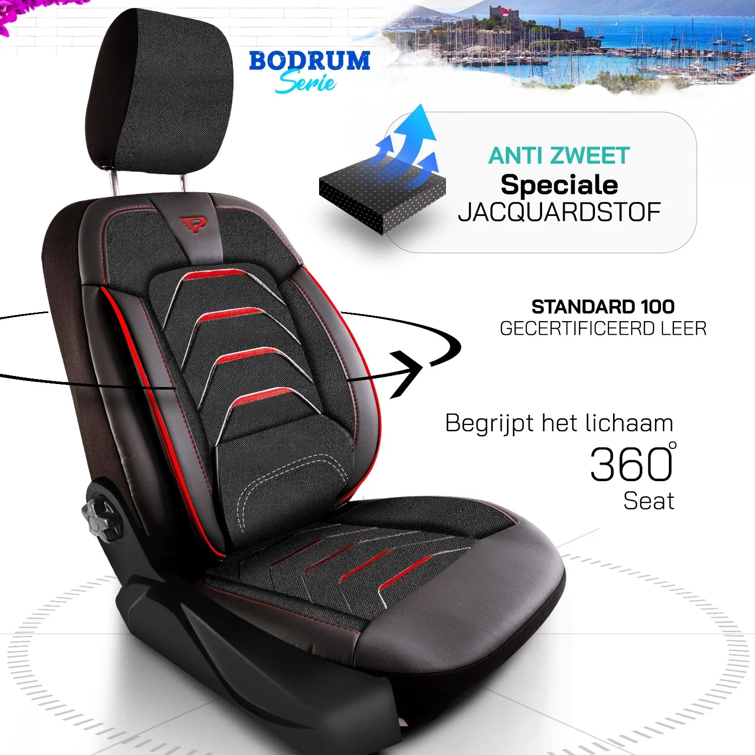 Bodrum stoelhoes, stoelhoezen voor Opel Movano Electric 2021 - heute, Schwarz Rot, Jacquardstoff Lederoptik, Sitz/Bank