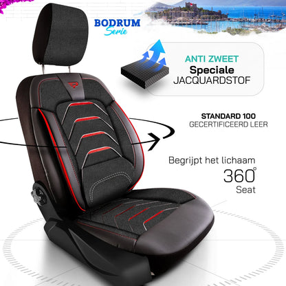 Bodrum stoelhoes, stoelhoezen voor Opel Movano Electric 2021 - heute, Schwarz Rot, Jacquardstoff Lederoptik, Sitz/Bank