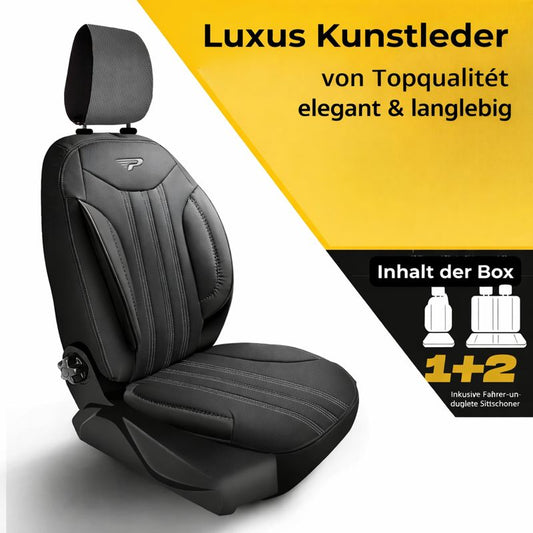 Sitzbezüge Ford E-Transit Custom 2023 - heute – Miami schwarz – perfekte Passform (Sitz/Bank-mit Vorbereitung Klapptisch in der Rückenlehne)