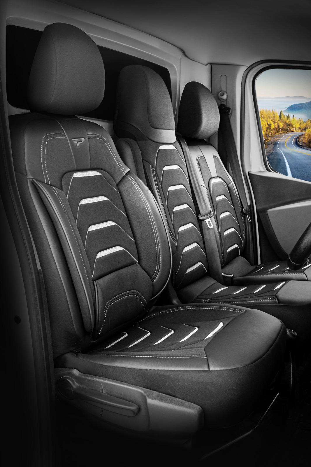 Stoelhoezen Nissan NV300 2014 - 2021 – Bodrum zwart/grijs – perfecte pasvorm (Stoel/Bank - met splitsing in zitting en rugleuning van duobank)