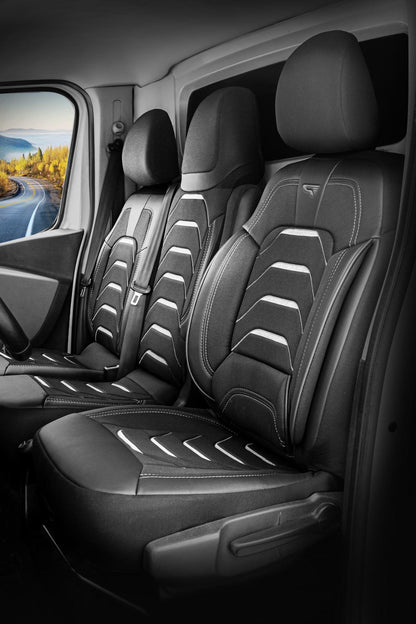 Stoelhoezen Nissan NV300 2014 - 2021 – Bodrum zwart/grijs – perfecte pasvorm (Stoel/Bank - met splitsing in zitting en rugleuning van duobank)