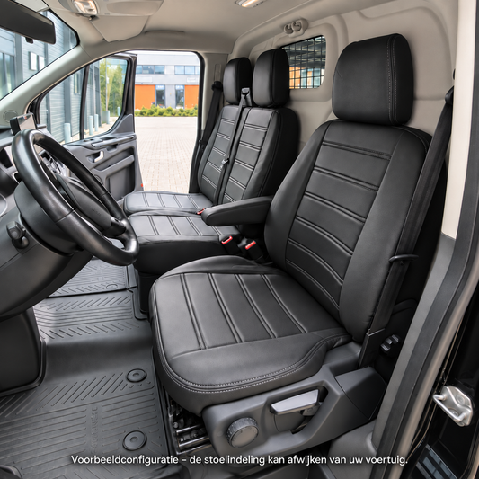 Sitzbezüge Ford Transit Custom 2013  - 2023 – Fezz Schwarz – Sitzbezüge aus Kunstleder – perfekte Passform (Sitz/Doppelsitzbank-mit geteilter Sitzfläche der Doppelsitzbank)